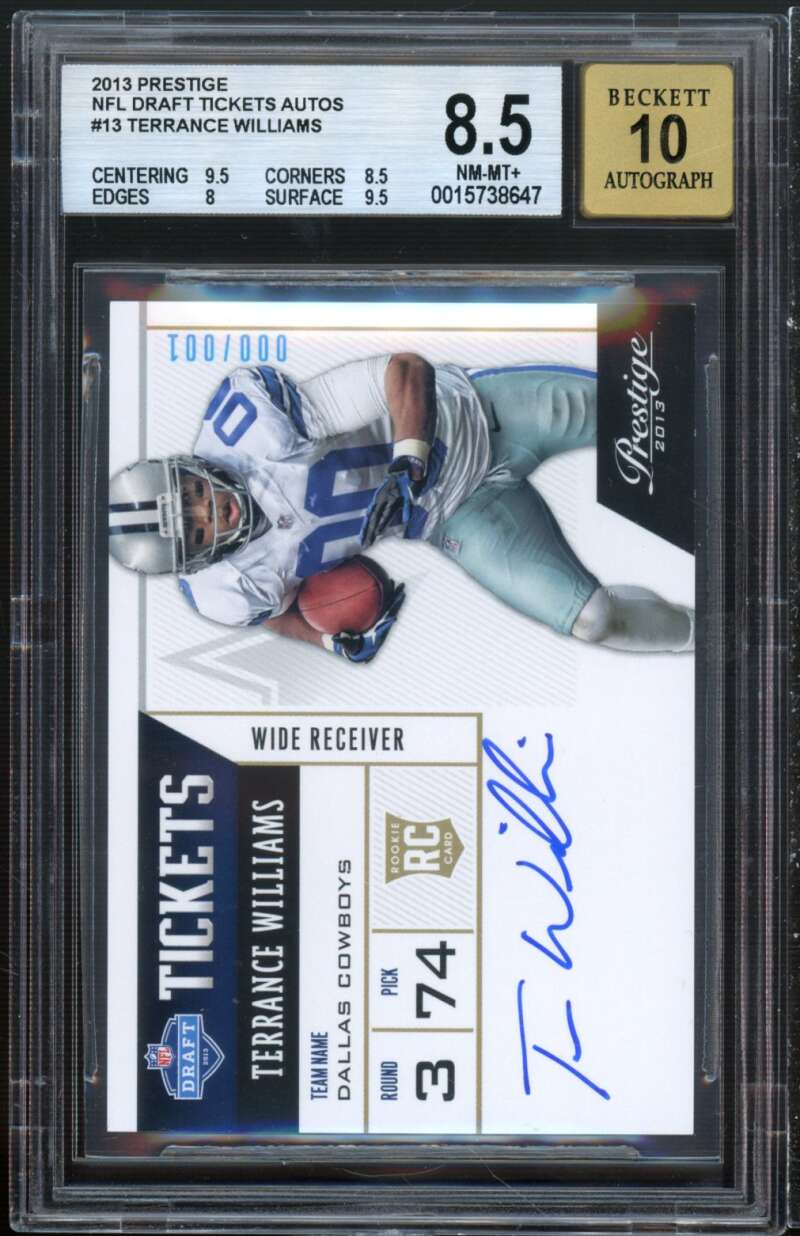 Terrance Williams Rookie 2013 Prestige NFL Tickets Autos #13 (000/001) BGS 8.5 Image 1