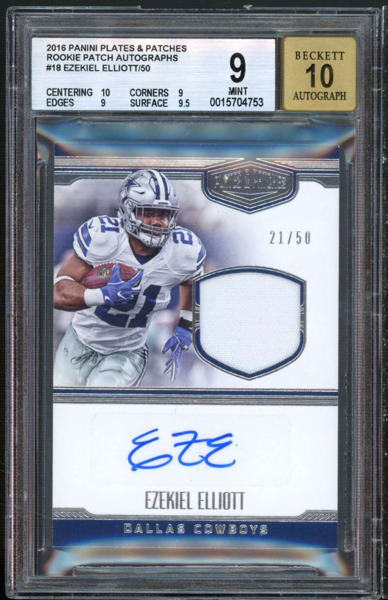 Ezekiel Elliott Rookie 2016 Panini Plates Patches Auto #18 (jersey 21/50) BGS 9 Image 1