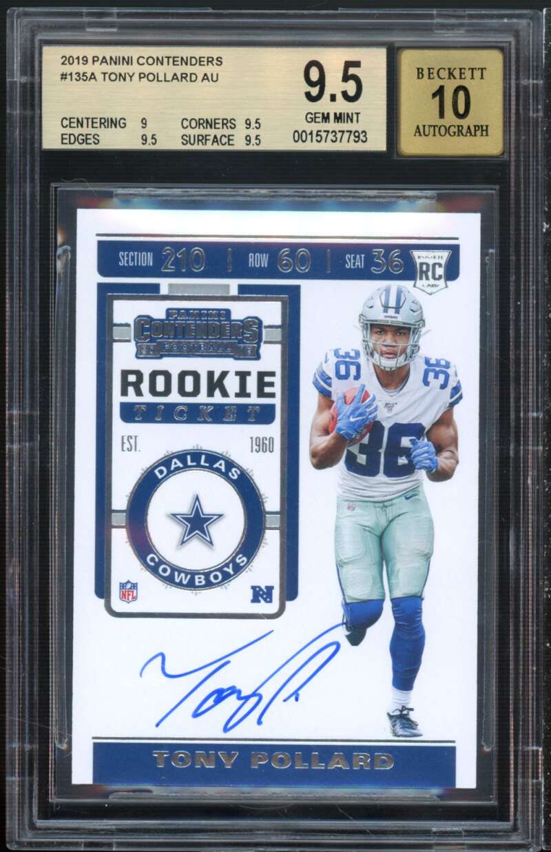 Tony Pollard Rookie Card 2019 Panini Contenders Autograph #135 (pop 5) BGS 9.5 Image 1