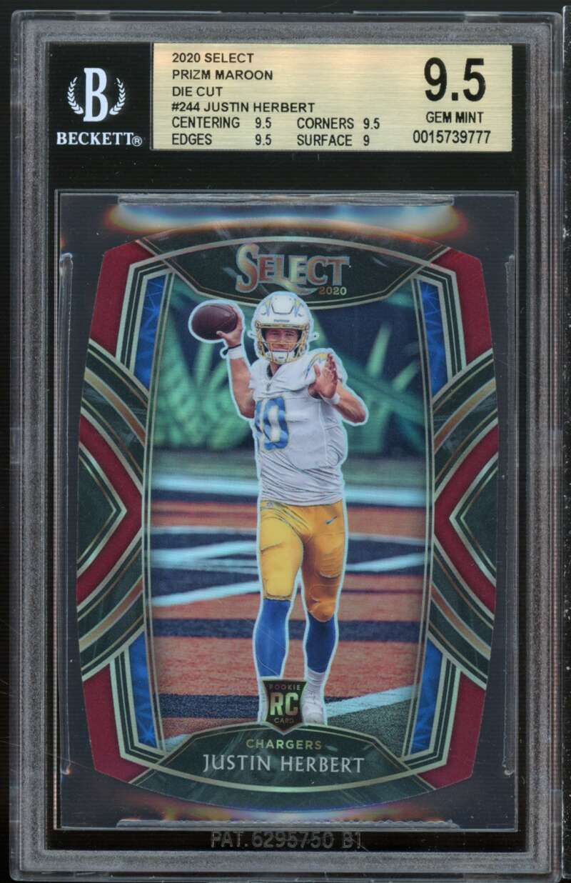 Justin Herbert Rookie Card 2020 Select Prizm Maroon Die Cut #244 BGS 9.5 Image 1