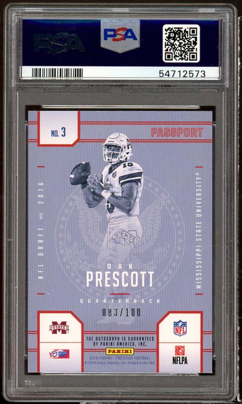 Dak Prescott Rookie 2016 Panini Prestige Passport Autographs #3 (pop 1) PSA 9 Image 2