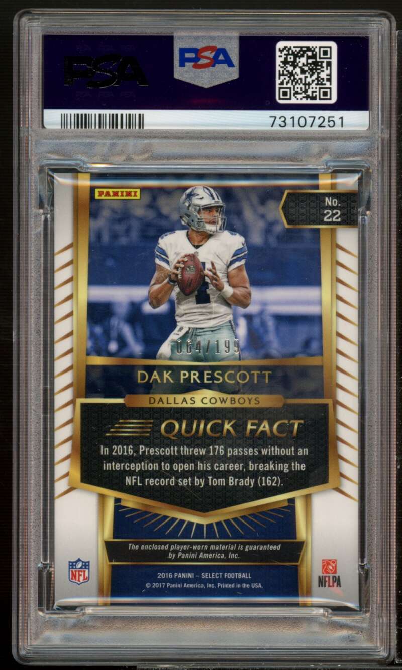 Dak Prescott Rookie Card 2016 Panini Select Select Swatch #22 (pop 4) PSA 10 Image 2