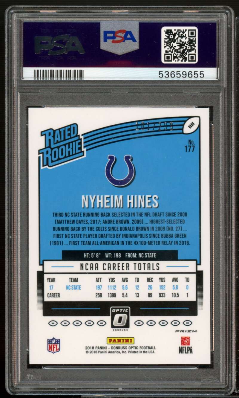 Nyheim Hines Rookie Card 2018 Donruss Optic Aqua #177 PSA 9 Image 2