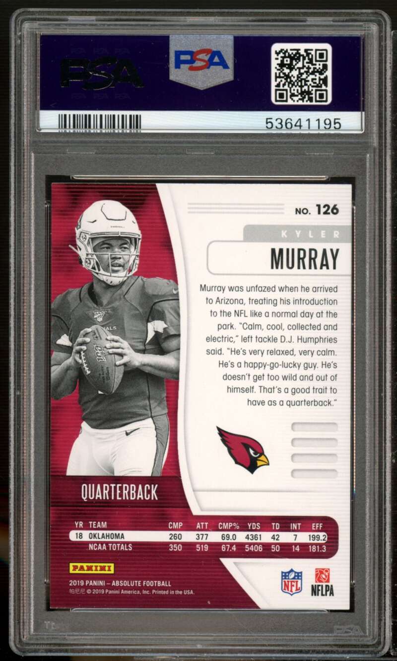 Kyler Murray Rookie Card 2019 Panini Absolute Green #126 PSA 10 Image 2