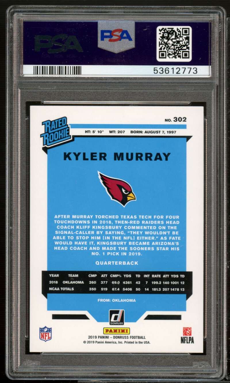 Kyler Murray Rookie Card 2019 Donruss Blue Press Proof Yellow #302 PSA 9 Image 2