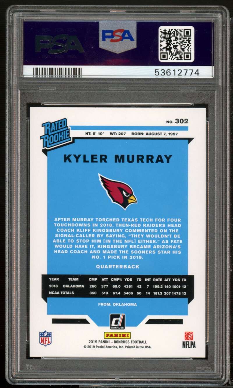 Kyler Murray Rookie Card 2019 Donruss Blue Press Proof Yellow #302 PSA 10 Image 2