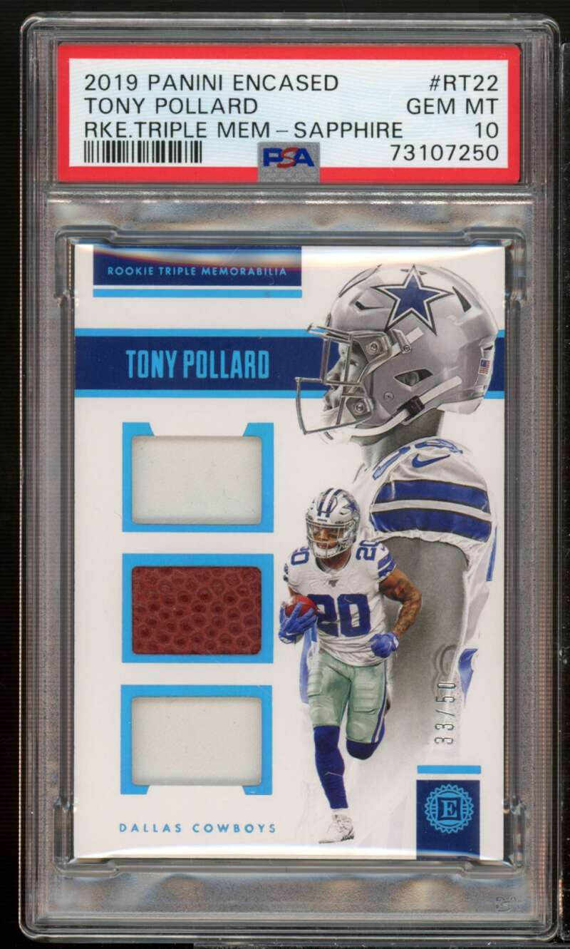 Tony Pollard Rookie 2019 Panini Encased Triple Mem Sapphire #RT22 (pop 1) PSA 10 Image 1