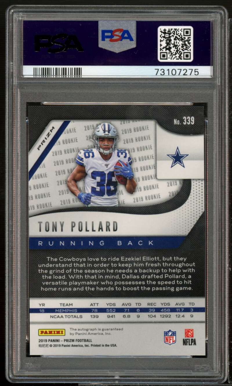 Tony Pollard Rookie Card 2019 Panini Prizm Autograph #339 PSA 9 Image 2