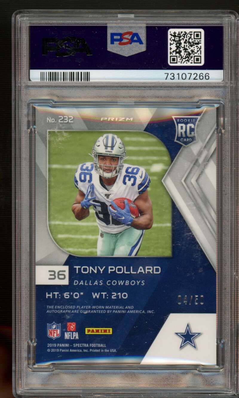 Tony Pollard Rookie Card 2019 Panini Spectra Neon Green Patch Auto #232 PSA 9 Image 2