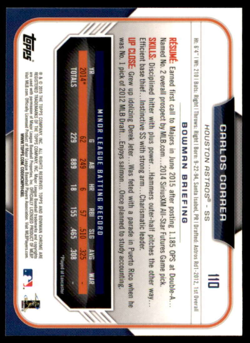 Carlos Correa RC Rookie Card 2015 Bowman Chrome #110  Image 2