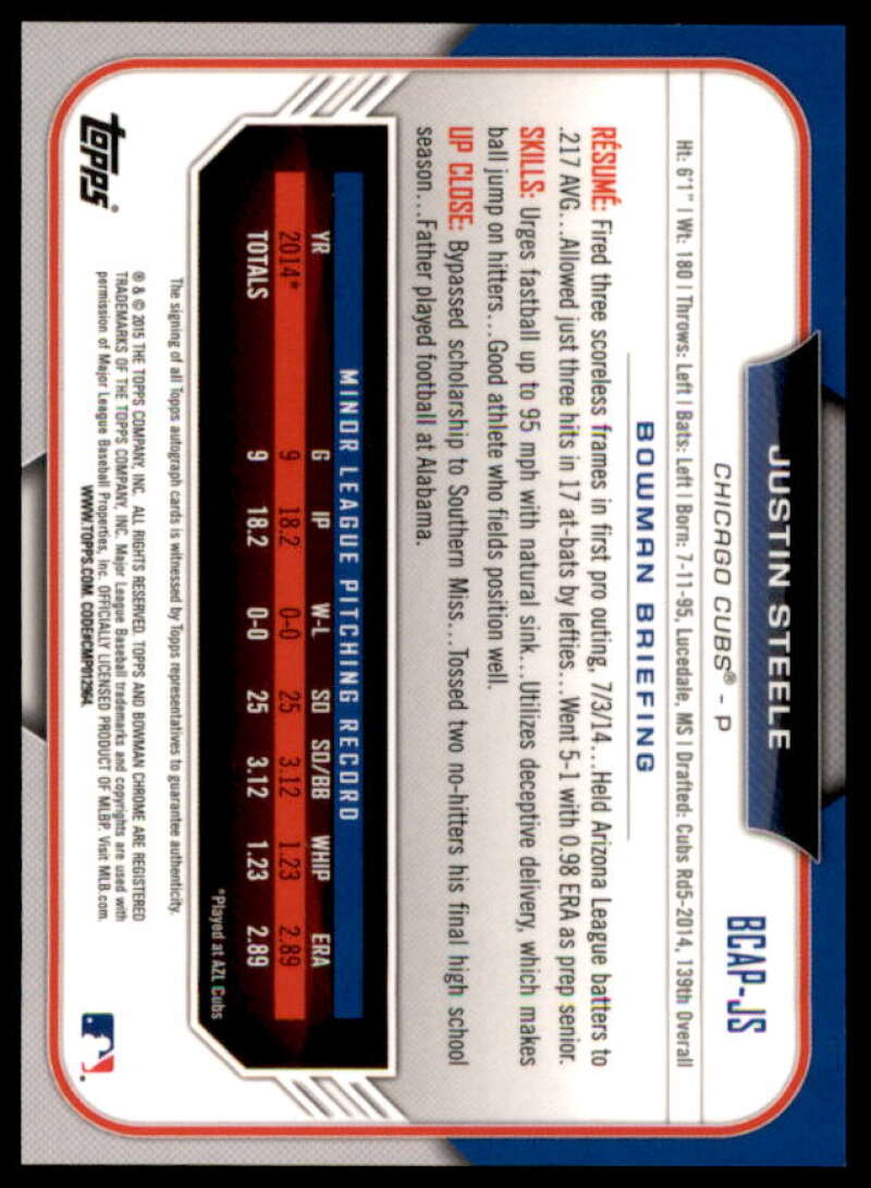 Justin Steele Rookie Card 2015 Bowman Chrome Prospect Autographs #BCAPJS  Image 2