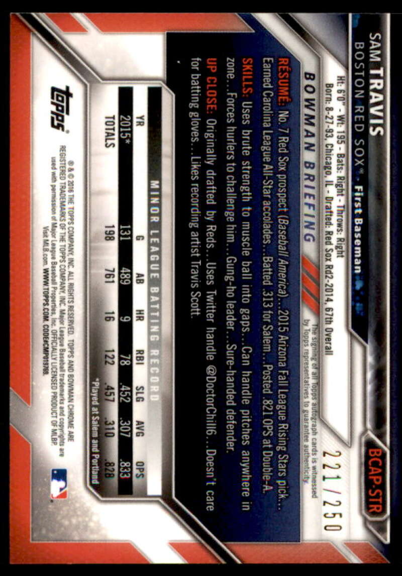 Sam Travis Rookie Card 2016 Bowman Chrome Prospect Autographs Purple Ref #BCAPSTR  Image 2