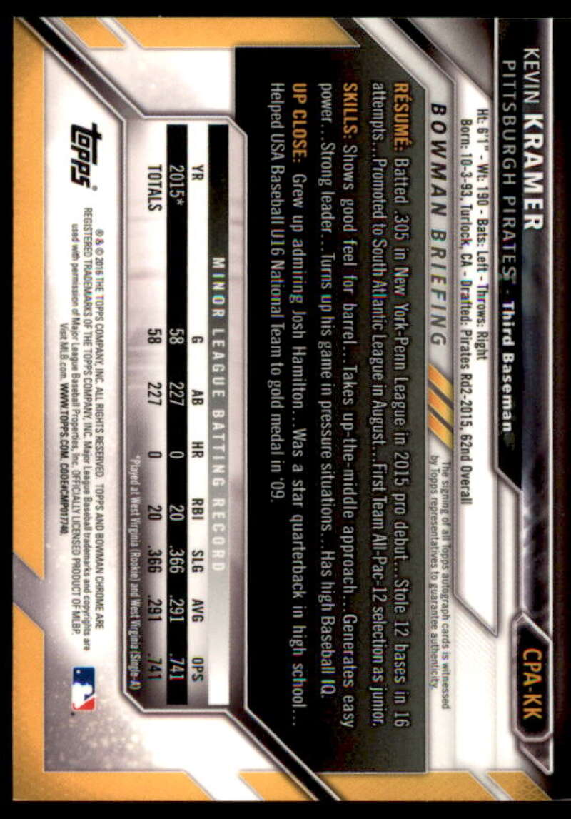 Kevin Kramer Rookie Card 2016 Bowman Chrome Prospect Autographs #CPAKK  Image 2