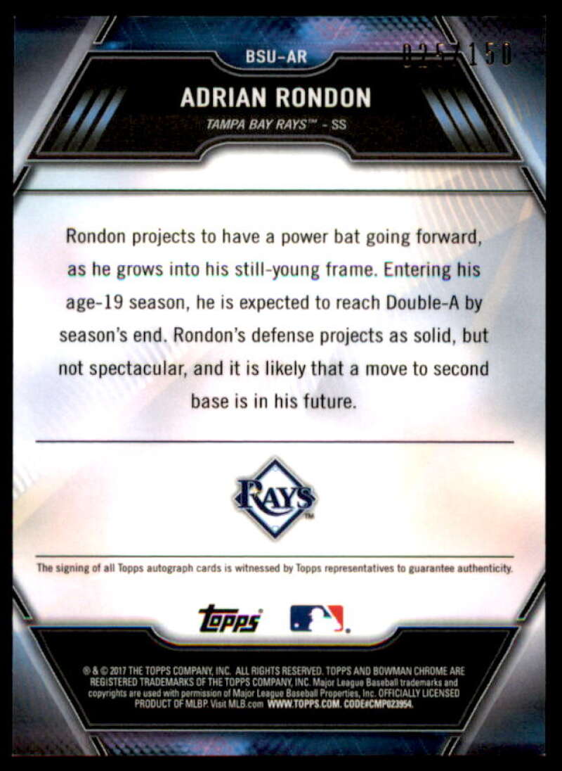 Adrian Rondon Rookie Card 2017 Bowman Chrome Scouts Top 100 Update Autographs #BSUAR  Image 2
