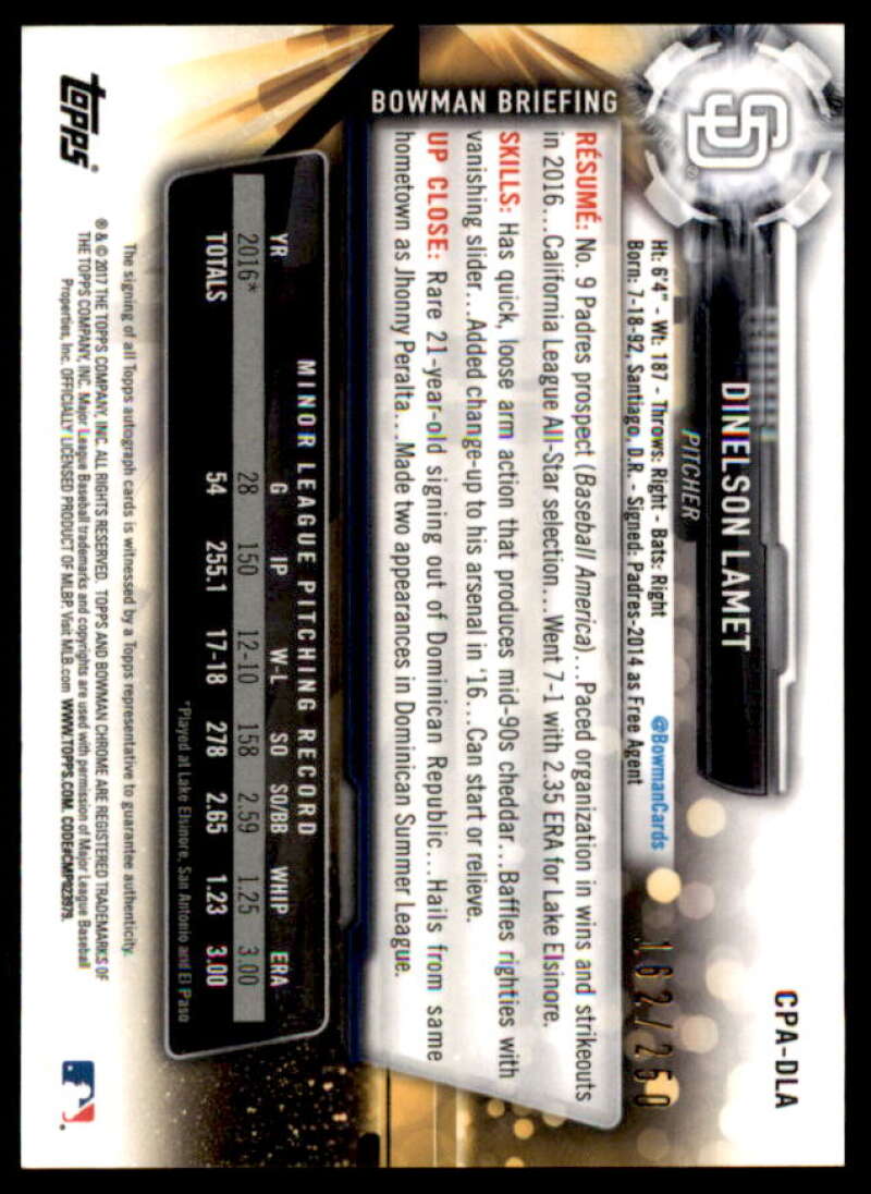 Dinelson Lamet Rookie Card 2017 Bowman Chrome Prospect Autographs Purple Ref #CPADLA  Image 2