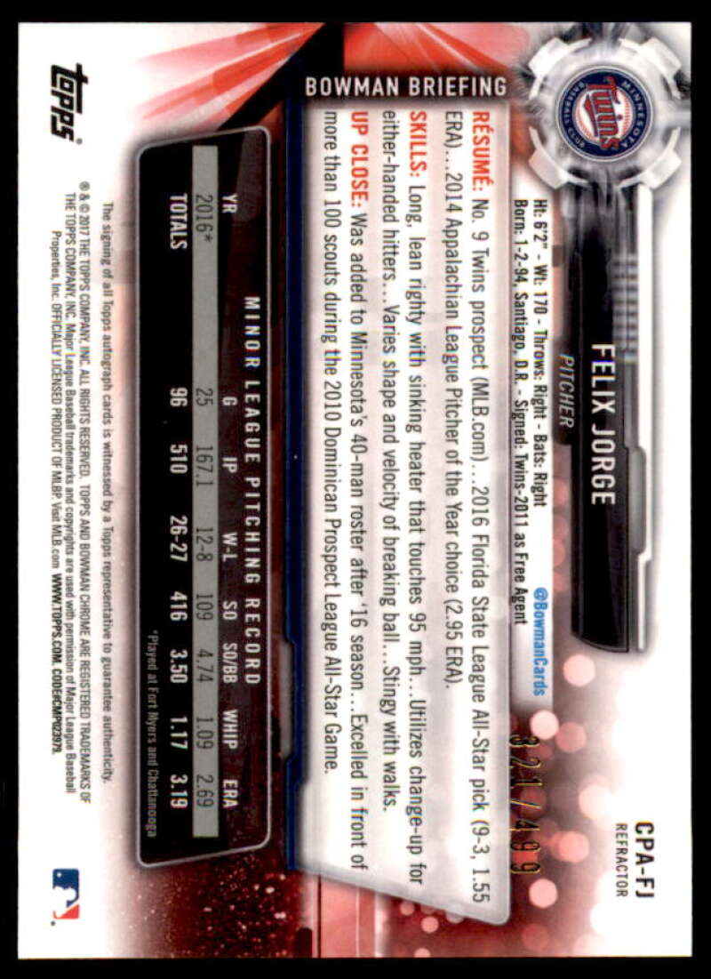 Felix Jorge Rookie Card 2017 Bowman Chrome Prospect Autographs Refractors #CPAFJ  Image 2