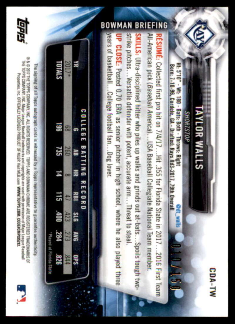 Taylor Walls Rookie Card 2017 Bowman Chrome Draft Autographs Blue Refractors #CDATW  Image 2