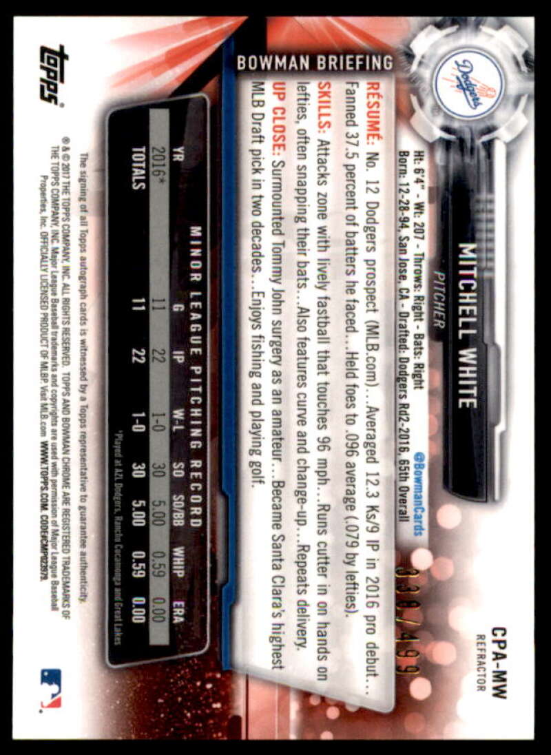 Mitchell White Rookie Card 2017 Bowman Chrome Prospect Autographs Refractors #CPAMW  Image 2