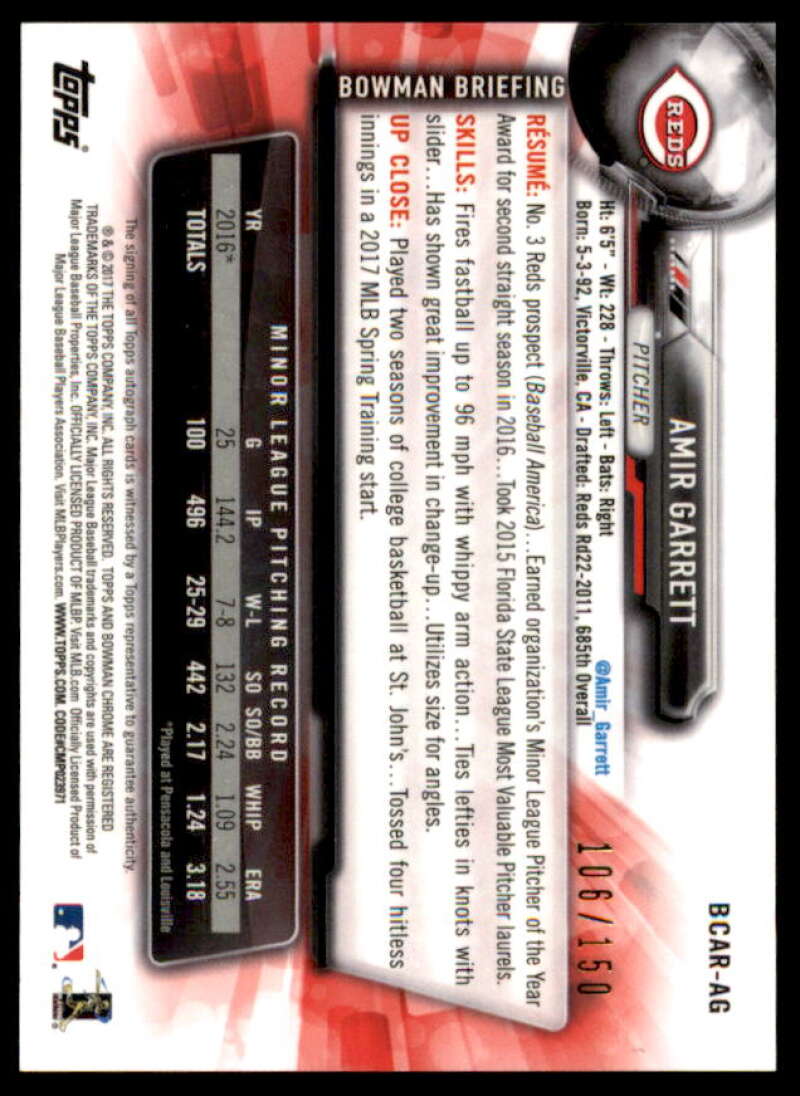 Amir Garrett Rookie Card 2017 Bowman Chrome Rookie Autographs Blue Refractors #BCARAG  Image 2