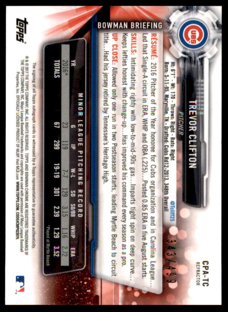 Trevor Clifton Rookie Card 2017 Bowman Chrome Prospect Autographs Refractors #CPATC  Image 2