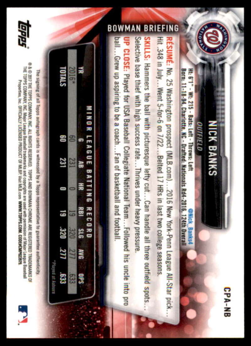 Nick Banks Rookie Card 2017 Bowman Chrome Prospect Autographs #CPANB  Image 2