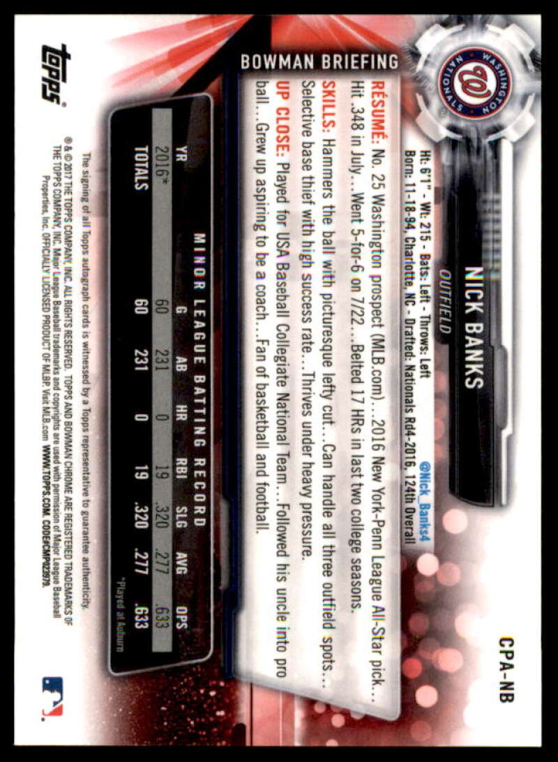 Nick Banks Rookie Card 2017 Bowman Chrome Prospect Autographs #CPANB  Image 2