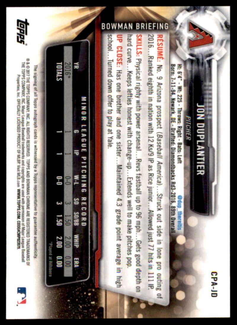 Jon Duplantier Rookie Card 2017 Bowman Chrome Prospect Autographs #CPAJD  Image 2