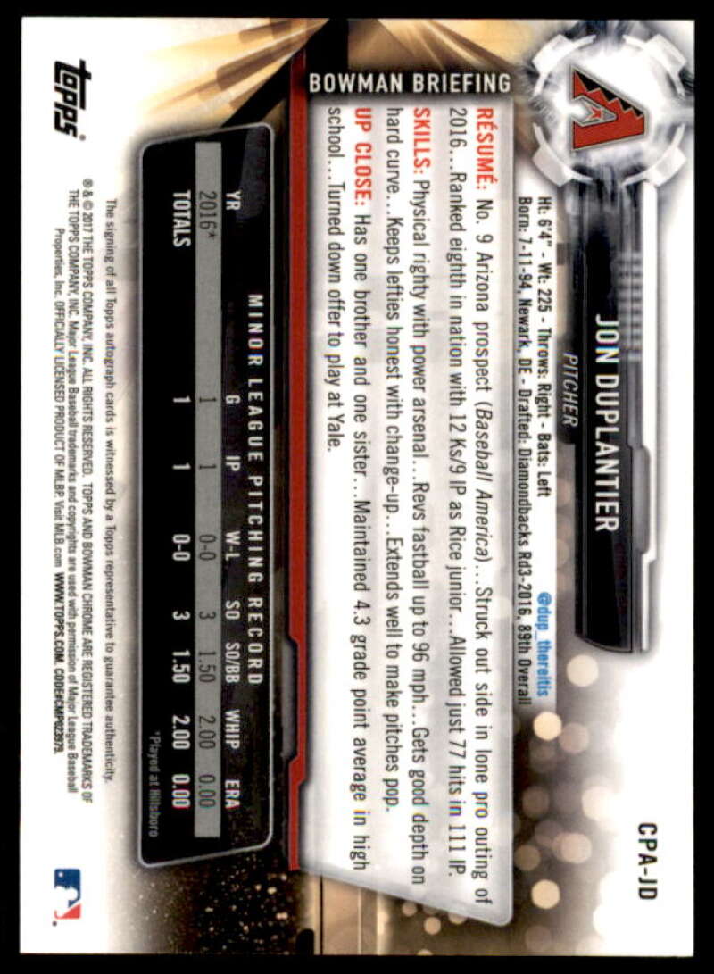 Jon Duplantier Rookie Card 2017 Bowman Chrome Prospect Autographs #CPAJD  Image 2