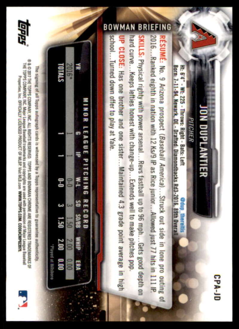 Jon Duplantier Rookie Card 2017 Bowman Chrome Prospect Autographs #CPAJD  Image 2