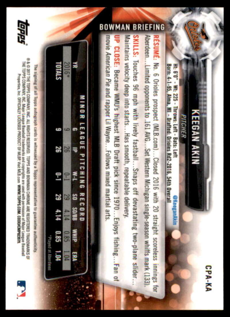 Keegan Akin Rookie Card 2017 Bowman Chrome Prospect Autographs #CPAKA  Image 2