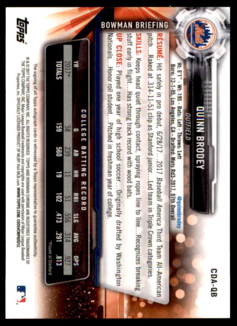 Quinn Brodey Rookie Card 2017 Bowman Chrome Draft Autographs #CDAQB  Image 2