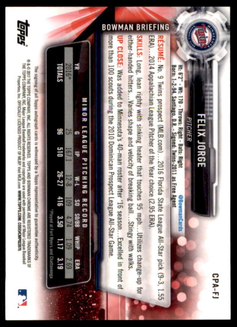 Felix Jorge Rookie Card 2017 Bowman Chrome Prospect Autographs #CPAFJ  Image 2