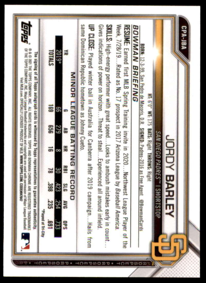 Jordy Barley 2021 Bowman Chrome Prospect Autographs Atomic Refractors #CPAJBA  Image 2