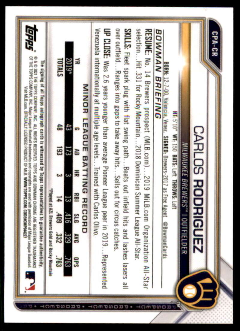 Carlos Rodriguez Rookie Card 2021 Bowman Chrome Prospect Autographs #CPACR  Image 2