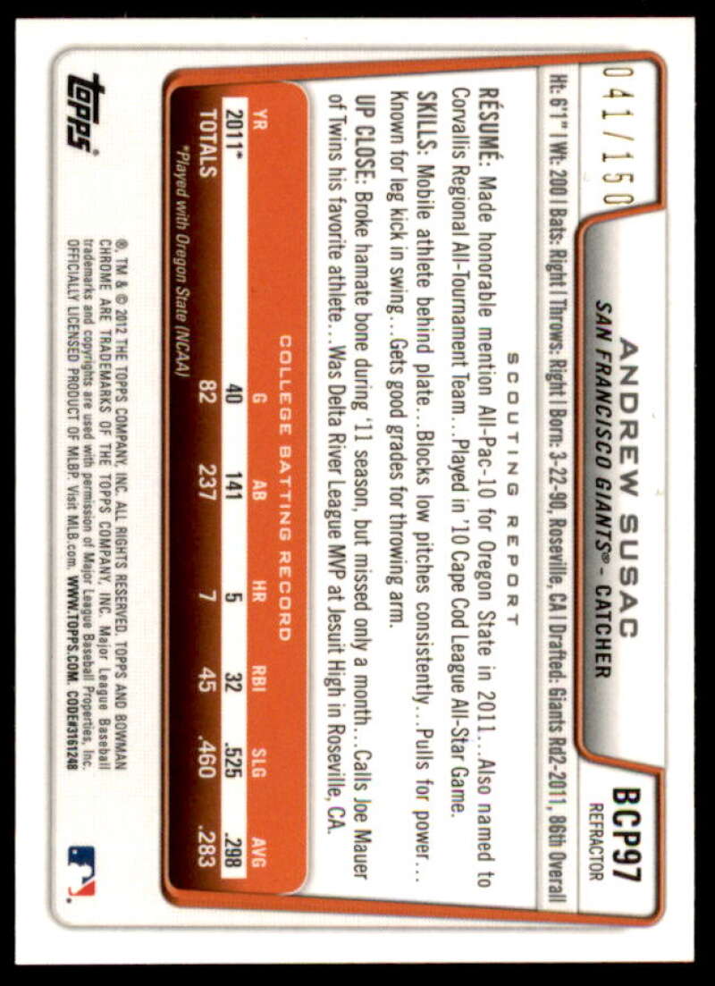 Andrew Susac Rookie Card 2012 Bowman Chrome Prospect Autographs Blue Refractors #BCP97  Image 2