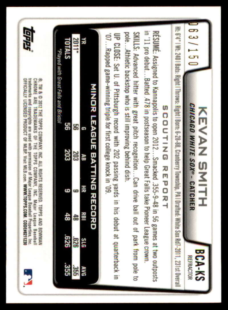 Kevan Smith Rookie Card 2012 Bowman Chrome Prospect Autographs Blue Refractors #KS  Image 2