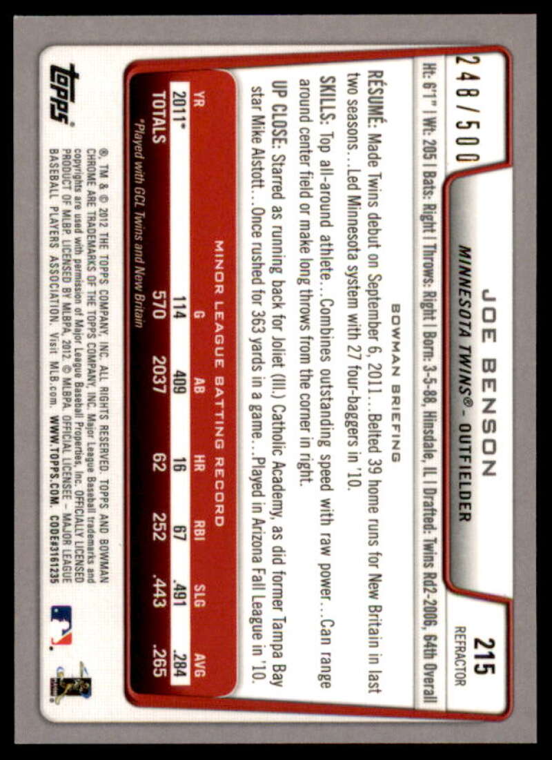 Joe Benson Rookie Card 2012 Bowman Chrome Rookie Autographs Refractors #215  Image 2