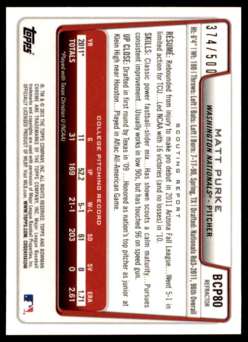 Matt Purke Rookie Card 2012 Bowman Chrome Prospect Autographs Refractors #BCP80  Image 2