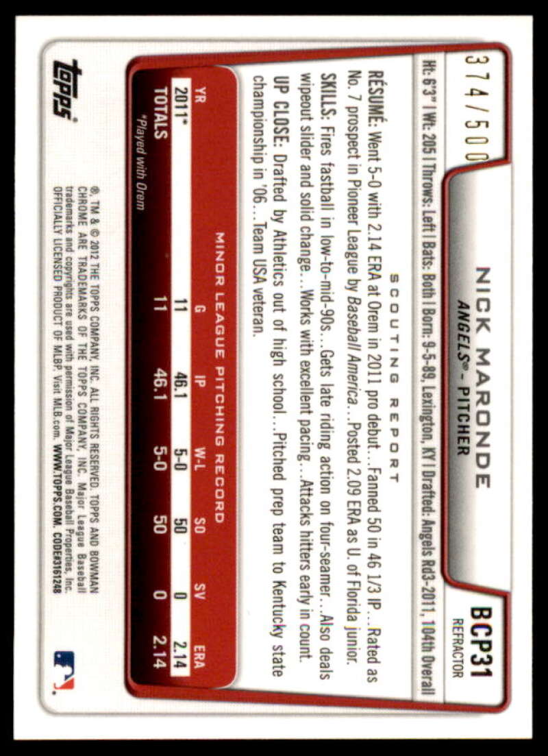 Nick Maronde Rookie Card 2012 Bowman Chrome Prospect Autographs Refractors #BCP31  Image 2