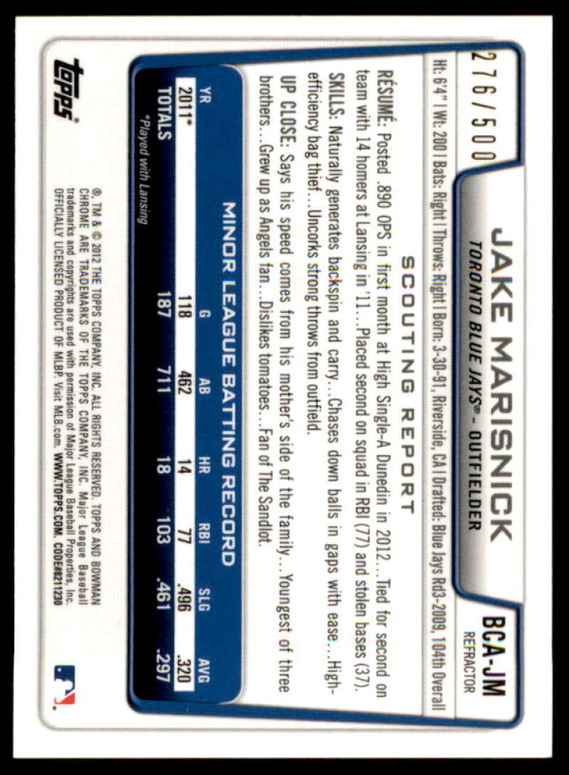 Jake Marisnick Rookie Card 2012 Bowman Chrome Prospect Autographs Refractors #JM  Image 2