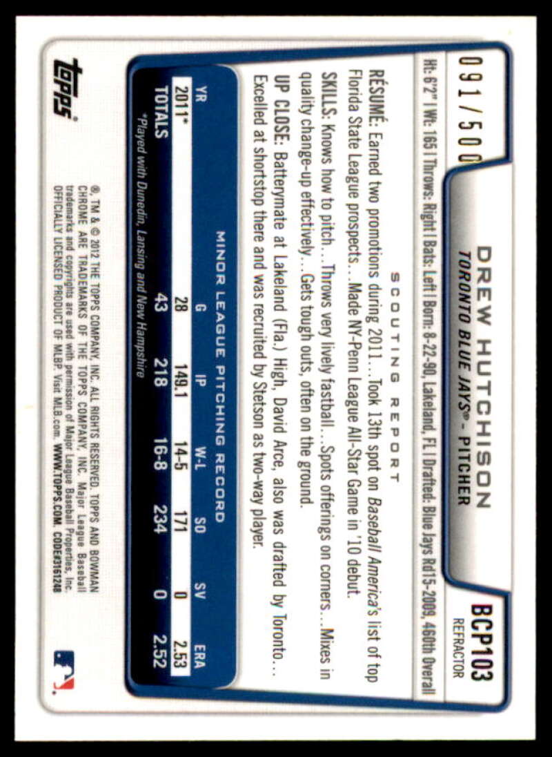 Drew Hutchison Rookie Card 2012 Bowman Chrome Prospect Autographs Refractors #BCP103  Image 2