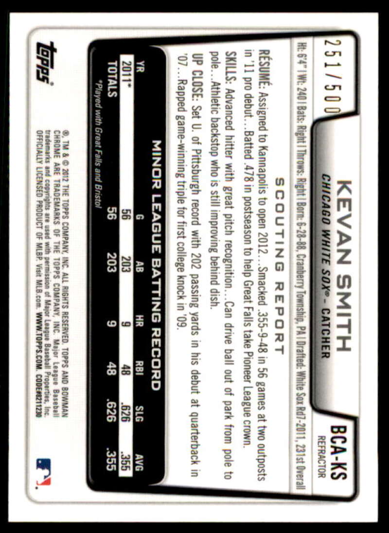 Kevan Smith Rookie Card 2012 Bowman Chrome Prospect Autographs Refractors #KS  Image 2