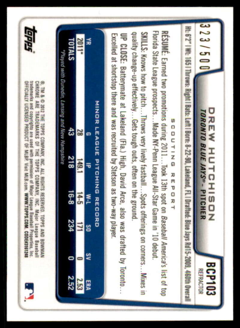 Drew Hutchison Rookie Card 2012 Bowman Chrome Prospect Autographs Refractors #BCP103  Image 2