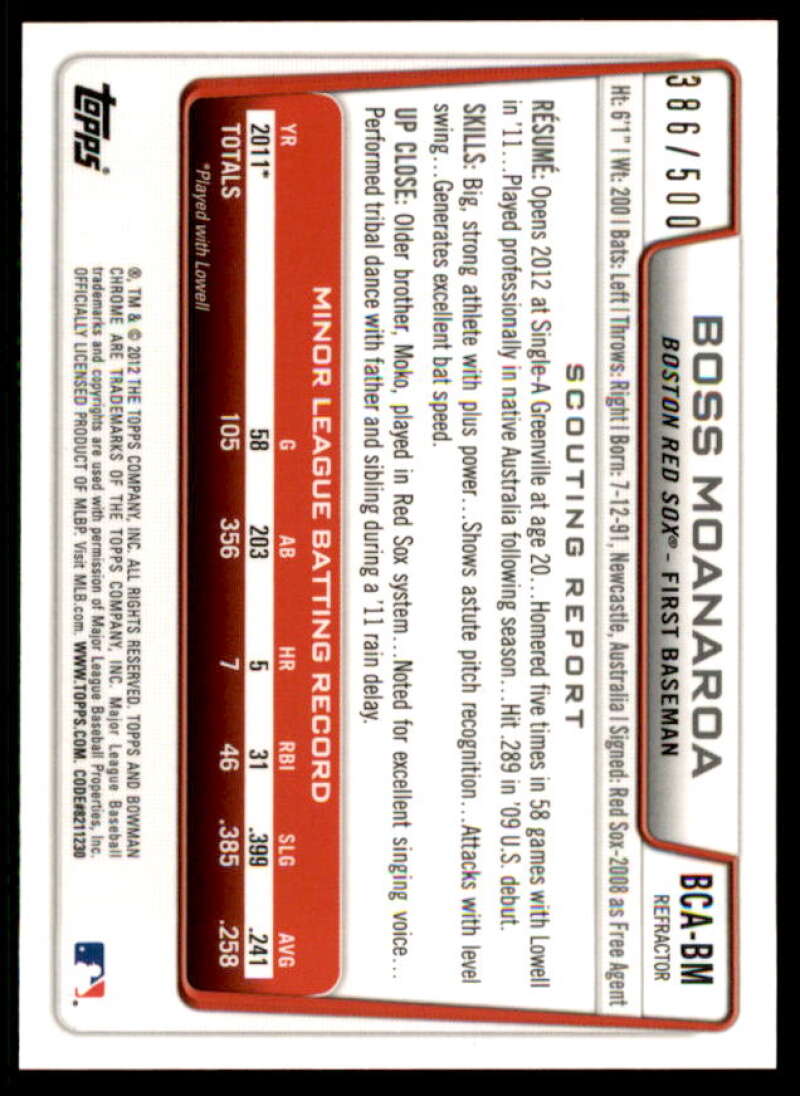 Boss Moanaroa Rookie Card 2012 Bowman Chrome Prospect Autographs Refractors #BM  Image 2