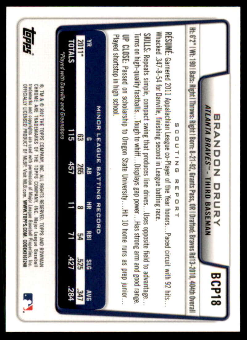 Brandon Drury Rookie Card 2012 Bowman Chrome Prospect Autographs #BCP18  Image 2