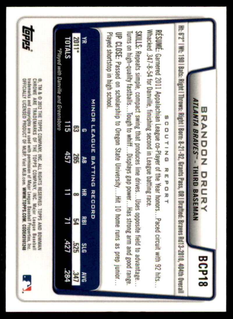 Brandon Drury Rookie Card 2012 Bowman Chrome Prospect Autographs #BCP18  Image 2