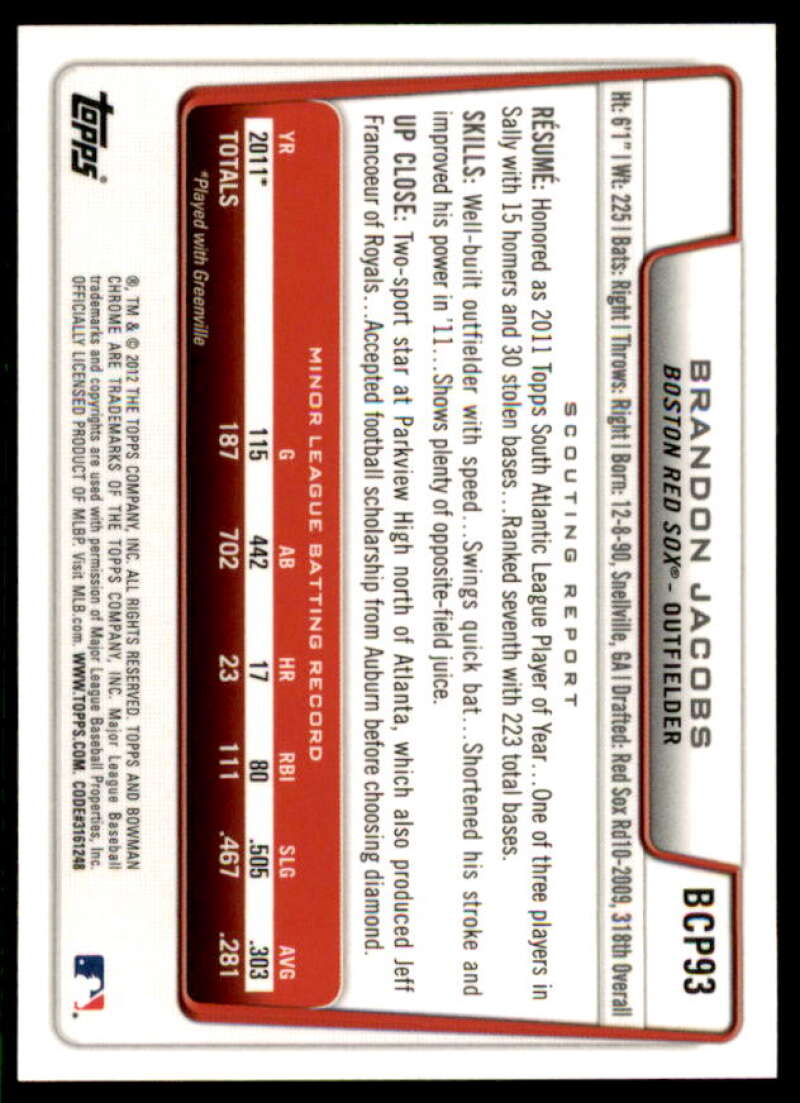 Brandon Jacobs Rookie Card 2012 Bowman Chrome Prospect Autographs #BCP93  Image 2