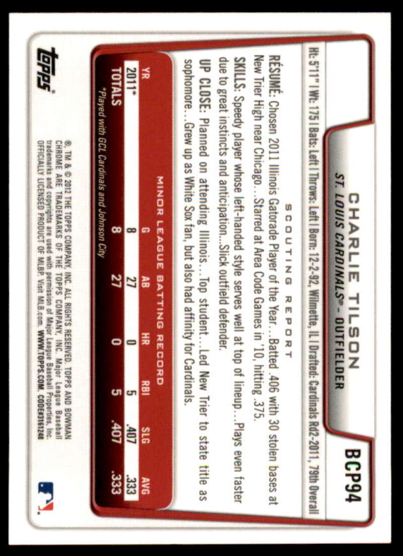 Charlie Tilson Rookie Card 2012 Bowman Chrome Prospect Autographs #BCP94  Image 2