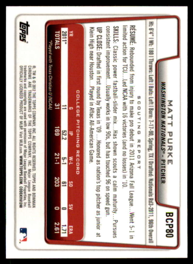 Matt Purke Rookie Card 2012 Bowman Chrome Prospect Autographs #BCP80  Image 2