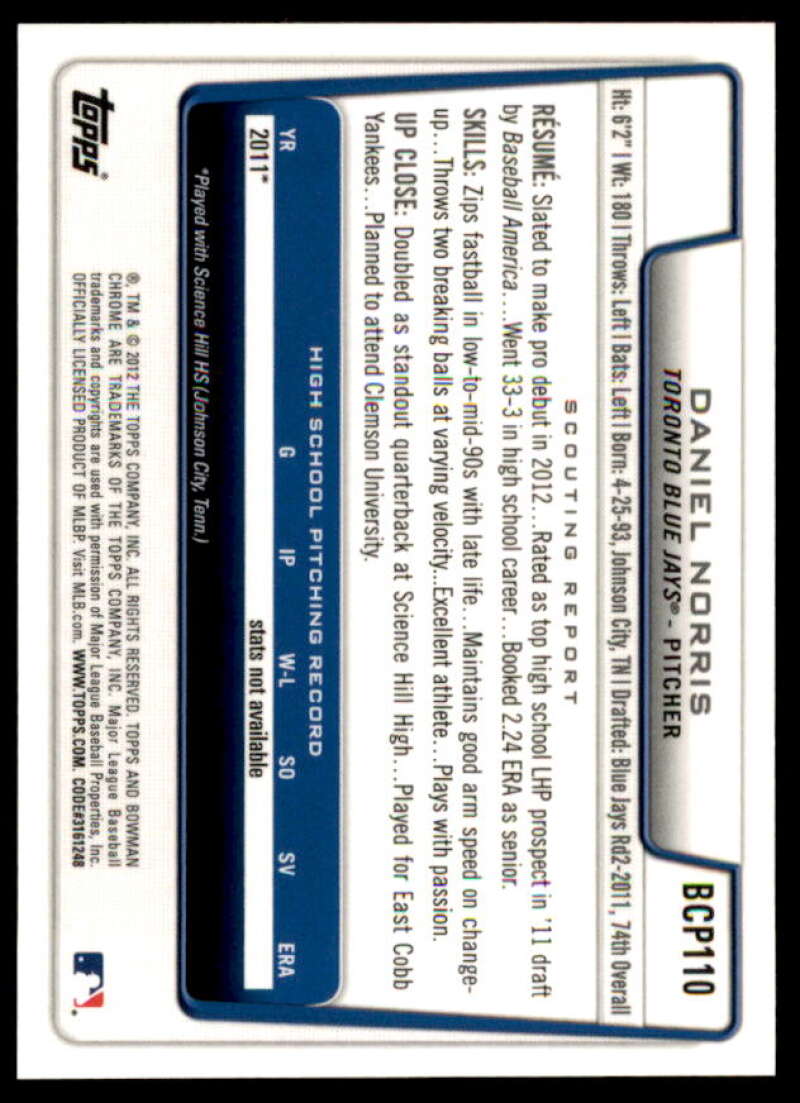 Daniel Norris Rookie Card 2012 Bowman Chrome Prospect Autographs #BCP110  Image 2
